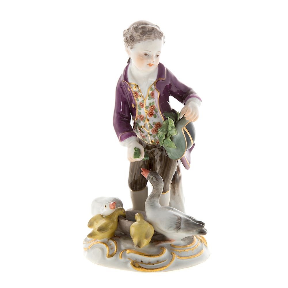 Appraisal: Meissen Porcelain Figure Boy Feeding Geese late th century underglaze