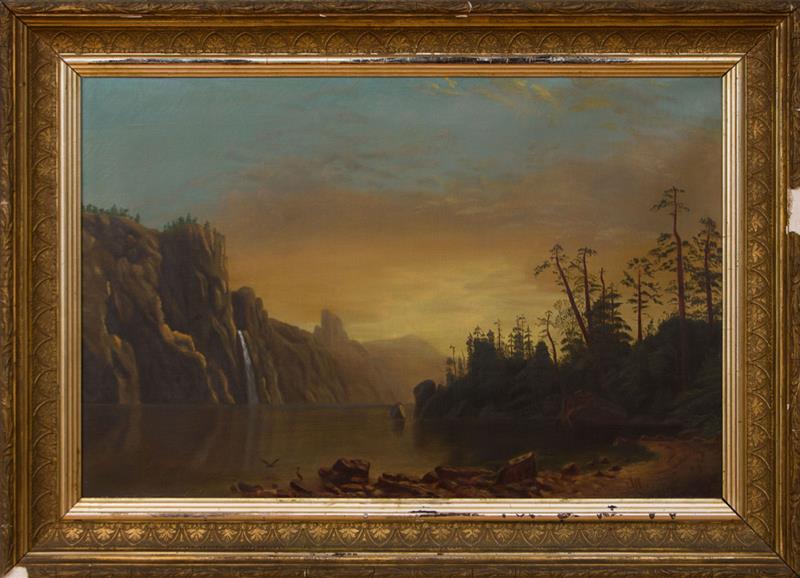 Appraisal: AMERICAN SCHOOL RIVER SCENE Oil on canvas unsigned x in