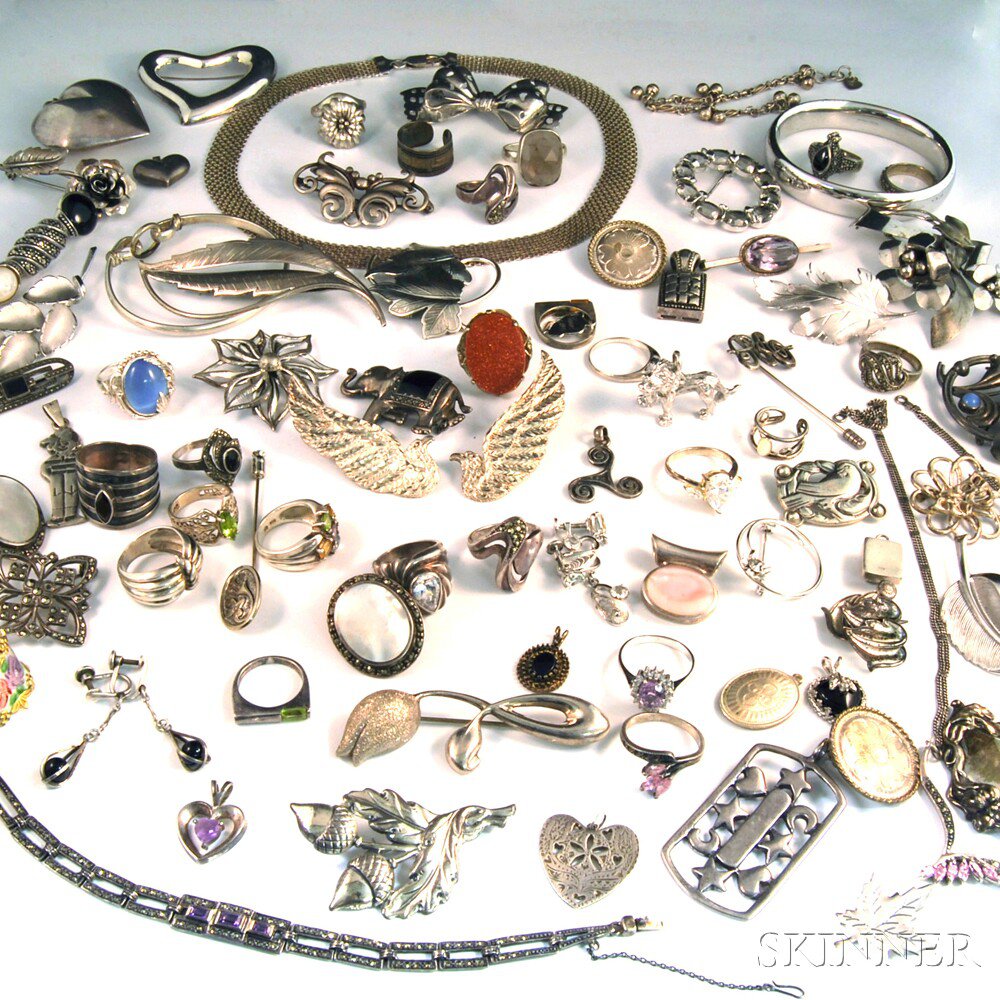 Appraisal: Group of Mostly Sterling Silver Jewelry including bangles brooches an