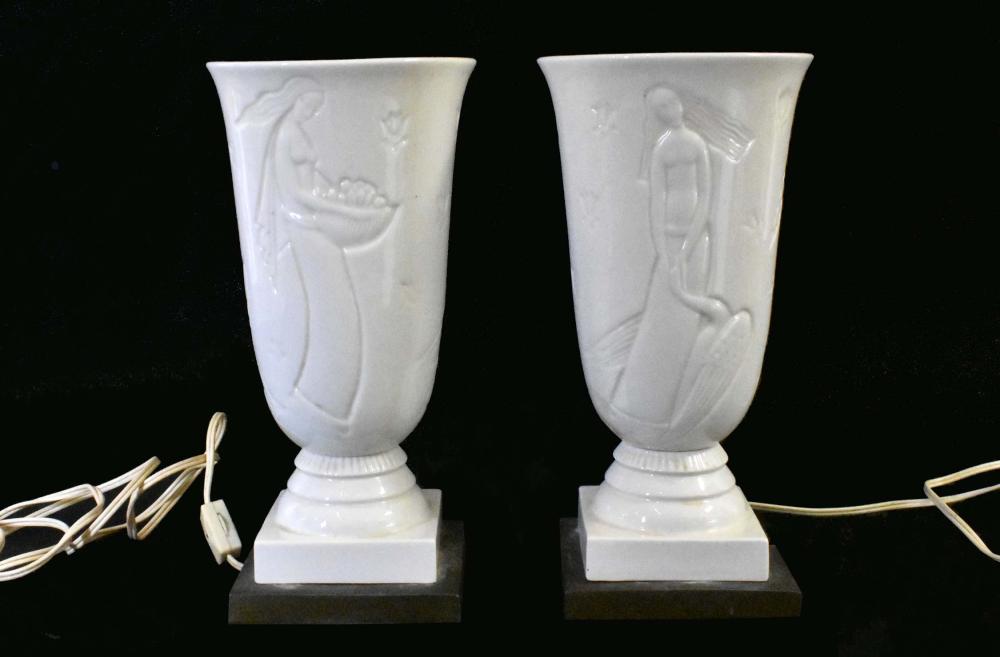 Appraisal: PAIR OF CONTINENTAL INCISED PORCELAIN LUMINAIRESEarly th Century The brass