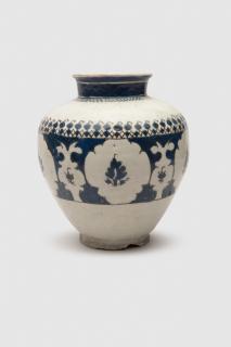 Appraisal: Persian Blue and White Glazed Pottery Vase PERSIAN BLUE AND