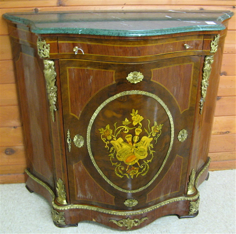 Appraisal: LOUIS XV XVI STYLE CONSOLE CABINET the serpentine-shaped sides and