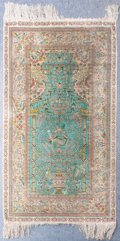 Appraisal: PERSIAN KASHAN SILK PICTORIAL PRAYER RUG Persian Kashan hand knotted