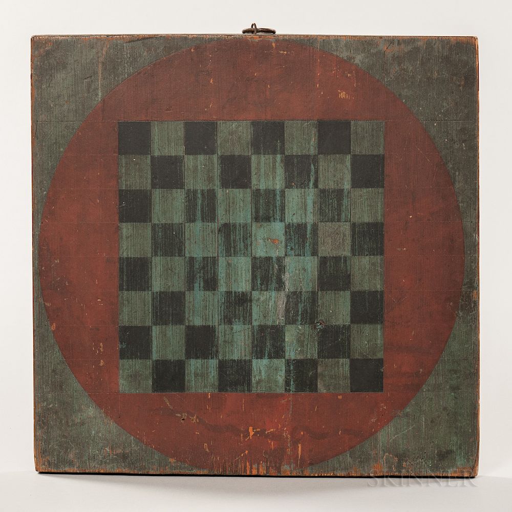 Appraisal: Small Red- and Blue-painted Checkers Game Board Small Red- and