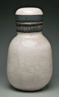 Appraisal: Jim Davis lidded raku jar large scale with crackled cream-colored