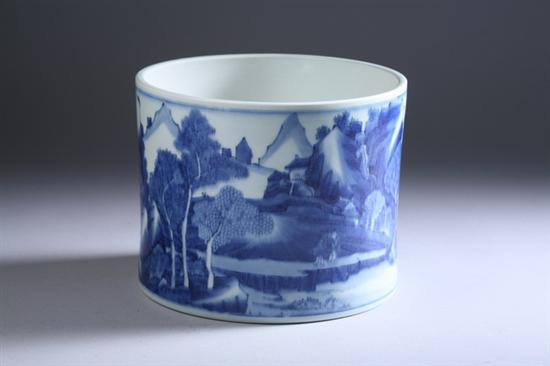 Appraisal: CHINESE BLUE AND WHITE PORCELAIN BRUSH HOLDER Riverscape decoration -