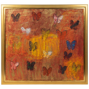 Appraisal: Hunt Slonem American b Red Butterflies oil on panel signed