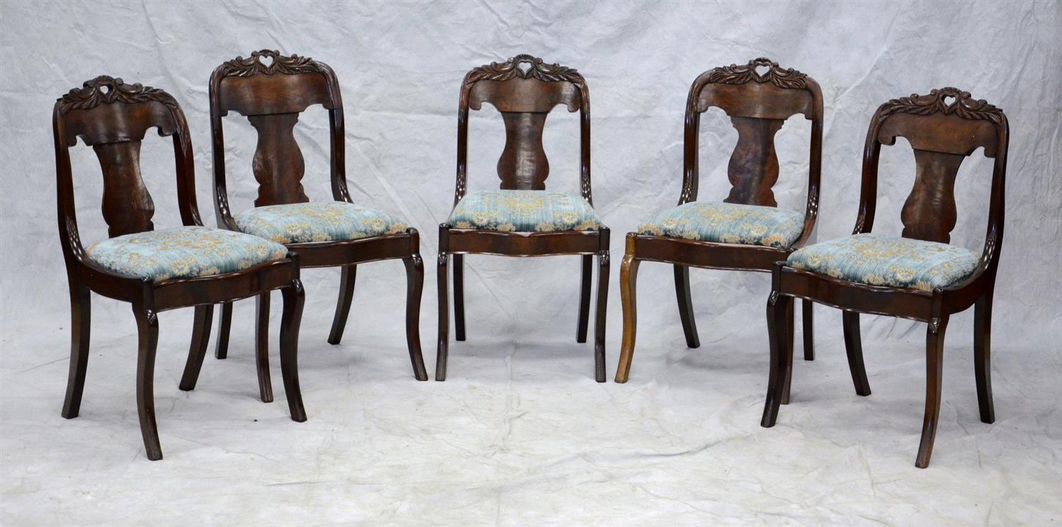 Appraisal: Mahogany Federal side chairs with acanthus carved heart pierced crest