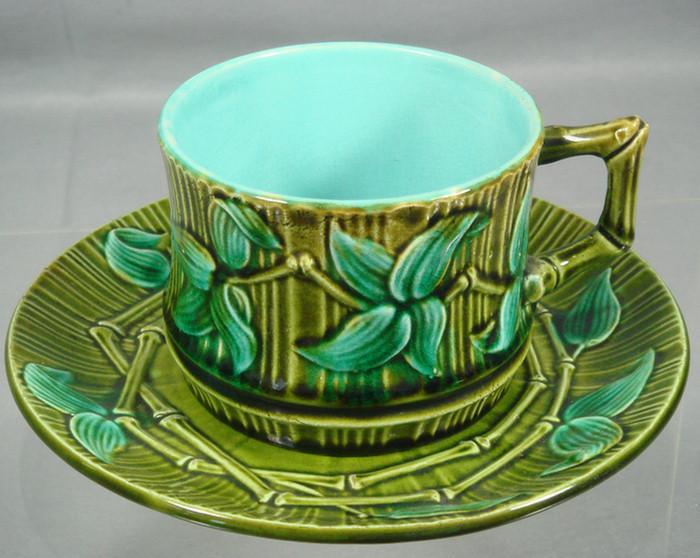 Appraisal: Salins Majolica cup saucer bamboo leaf design d h Estimate