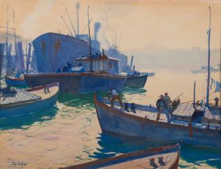 Appraisal: JOHN WHORF American JOHN WHORF American - Harbor with Steamshipswatercolorsigned