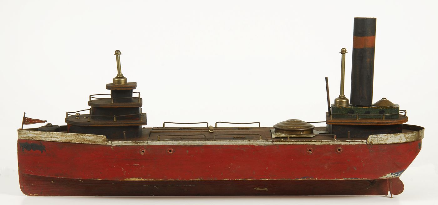 Appraisal: EARLY WOODEN MODEL OF A STEAM-POWERED FREIGHT VESSEL th CenturyIn