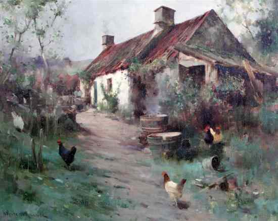 Appraisal: Robert Russell MacNee - oil on canvas Figure and chickens