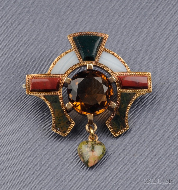 Appraisal: Antique Scottish Agate Pendant Brooch centering a faceted citrine framed