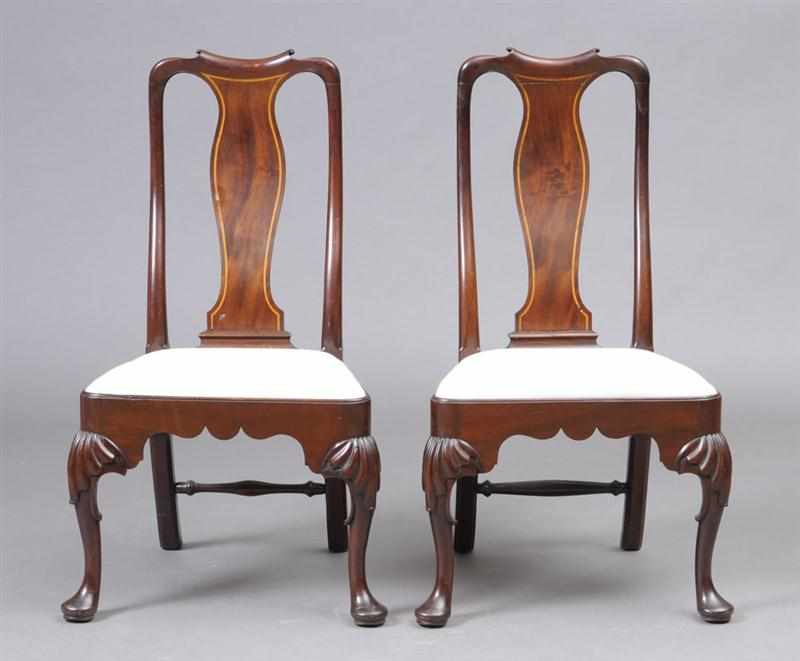 Appraisal: PAIR OF QUEEN ANNE STYLE INLAID WALNUT SIDE CHAIRS Each