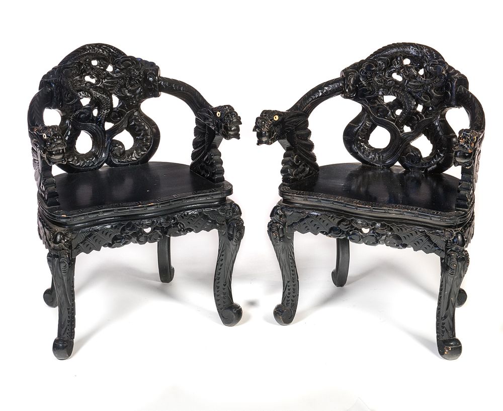 Appraisal: Pair of Japanese Dragon Arms Chairs Pair of Chinese Dragon