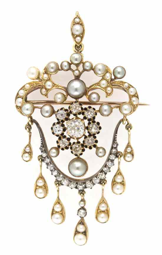 Appraisal: A Victorian Yellow Gold Silver Diamond and Pearl Pendant Brooch