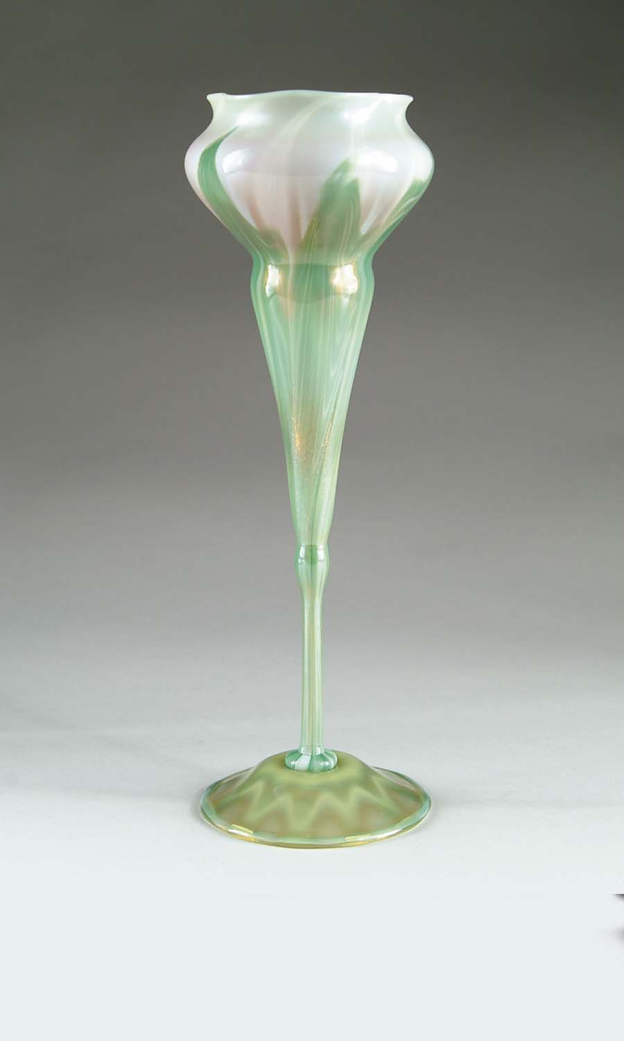 Appraisal: TIFFANY FLOWER FORM VASE Exceptional green pulled feather decoration on