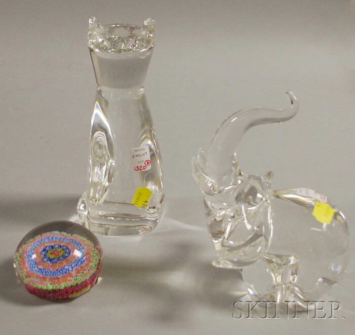 Appraisal: Steuben Colorless Glass Seated Cat and Elephant Figures and a