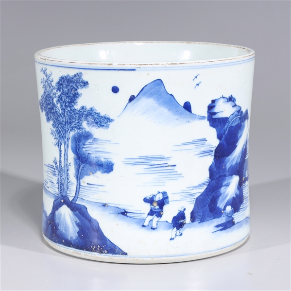 Appraisal: Chinese blue and white porcelain brush washer with river scene