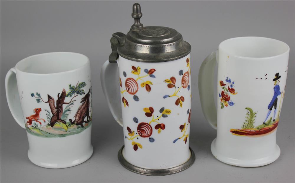 Appraisal: GROUP OF THREE GERMAN MILK GLASS ENAMELED STEINS first quarter