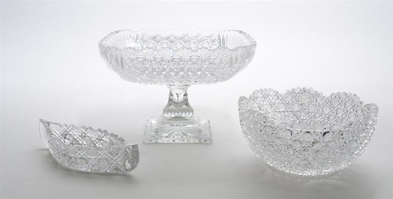 Appraisal: THREE CUT-GLASS ARTICLES Comprising a square stemmed compote a fruit