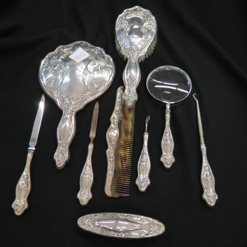 Appraisal: pc Sterling Silver Dresser Set Art Nouveau floral includes mirror