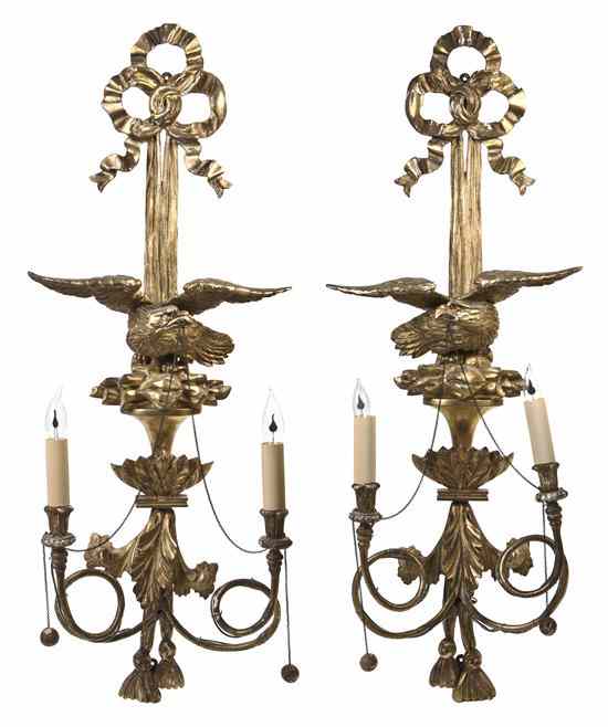 Appraisal: A Pair of American Federal Giltwood Two-Light Sconces each with