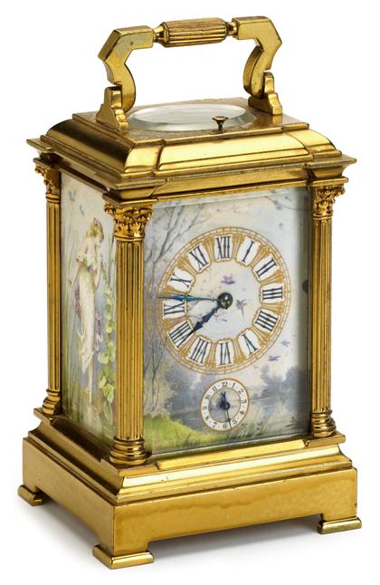 Appraisal: French gilt bronze and enameled porcelain mounted carriage clock late