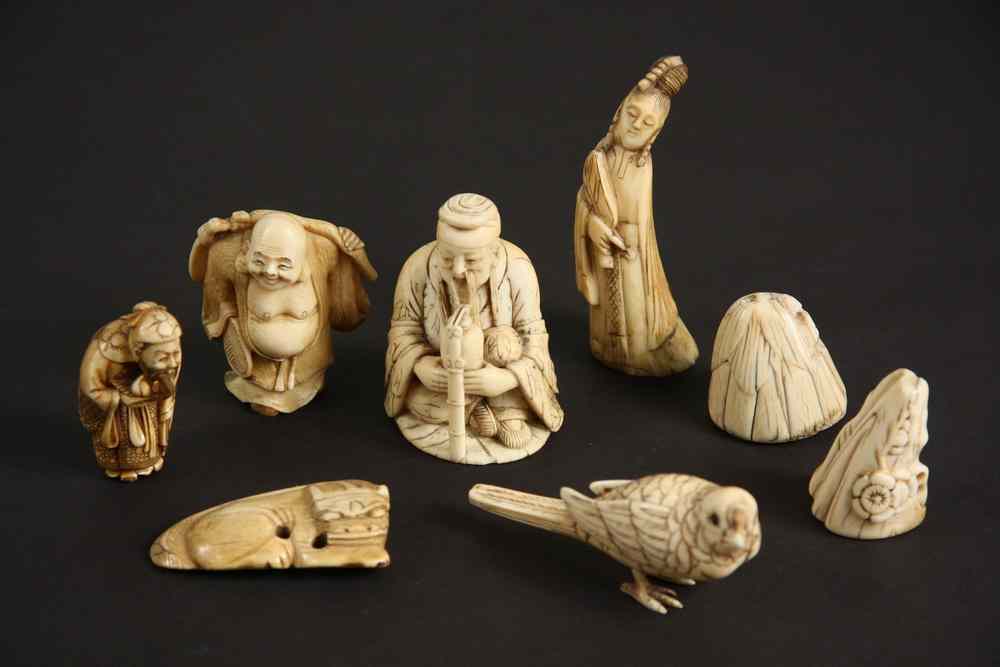 Appraisal: JAPANESE CHINESE CARVED FIGURES - Includes Netsuke of Elder Netsuke