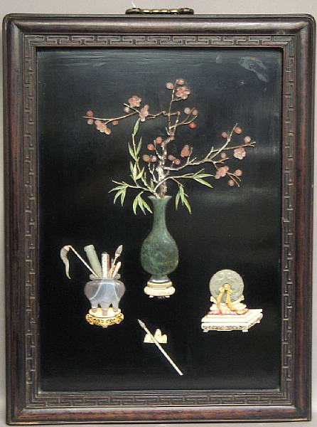 Appraisal: Chinese Furniture The vertical composition displaying dark green stone vase