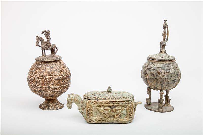 Appraisal: Two African Bronze Ovoid Bowls and Covers and a Horse-Form