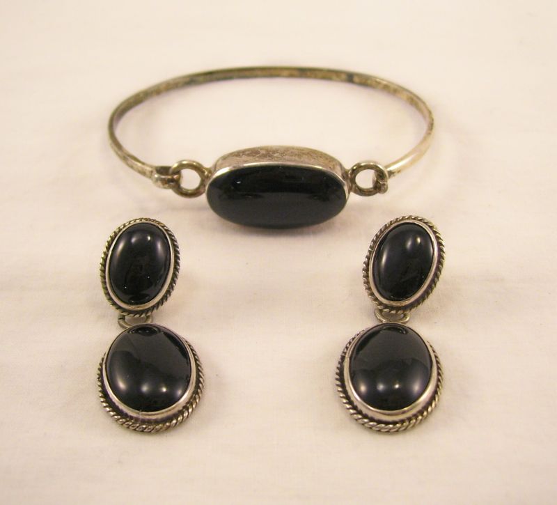 Appraisal: Sterling Onyx Bracelet Earrings Sterling and onyx bracelet and pierced