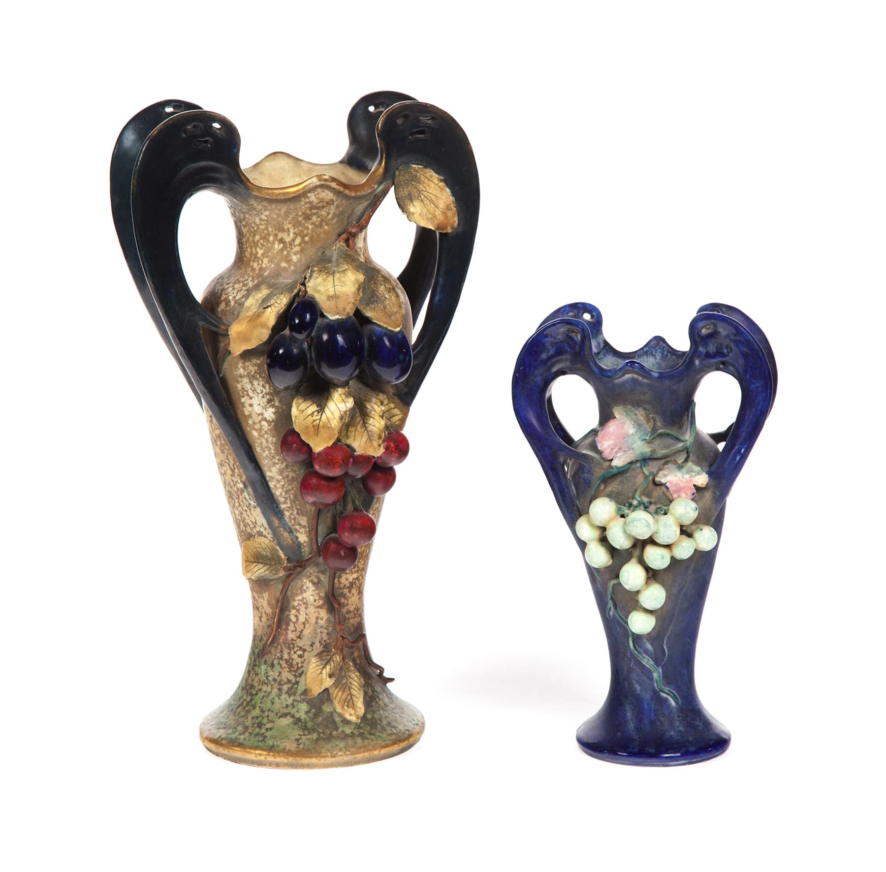 Appraisal: TWO AMPHORA DOUBLED-HANDLED VASES WITH APPLIED FRUIT Austria ca Large