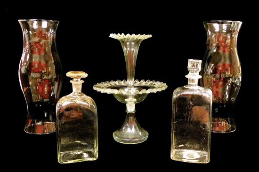 Appraisal: GLASS Early blown glass decanters and epergne along with two