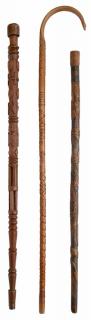 Appraisal: Three Carved Folk Art Canes Virginia and Tennessee th century