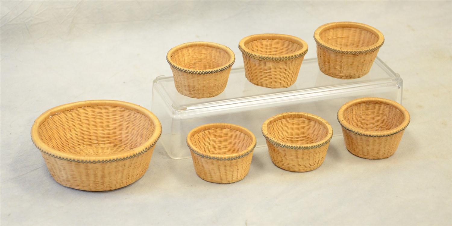 Appraisal: Ash splint miniature baskets possibly Shaker black checkered pattern around