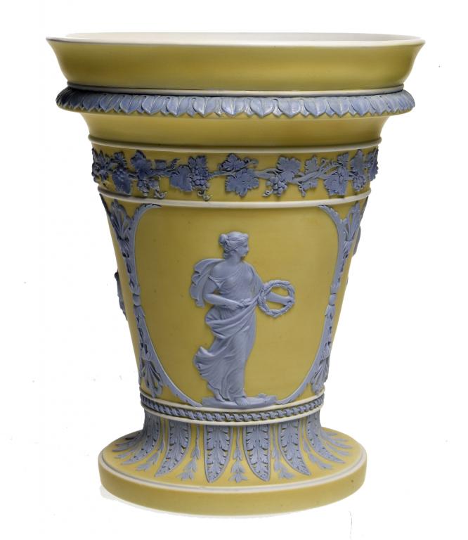 Appraisal: A WEDGWOOD YELLOW JASPER-DIP BULB VASE AND COVER of tapered