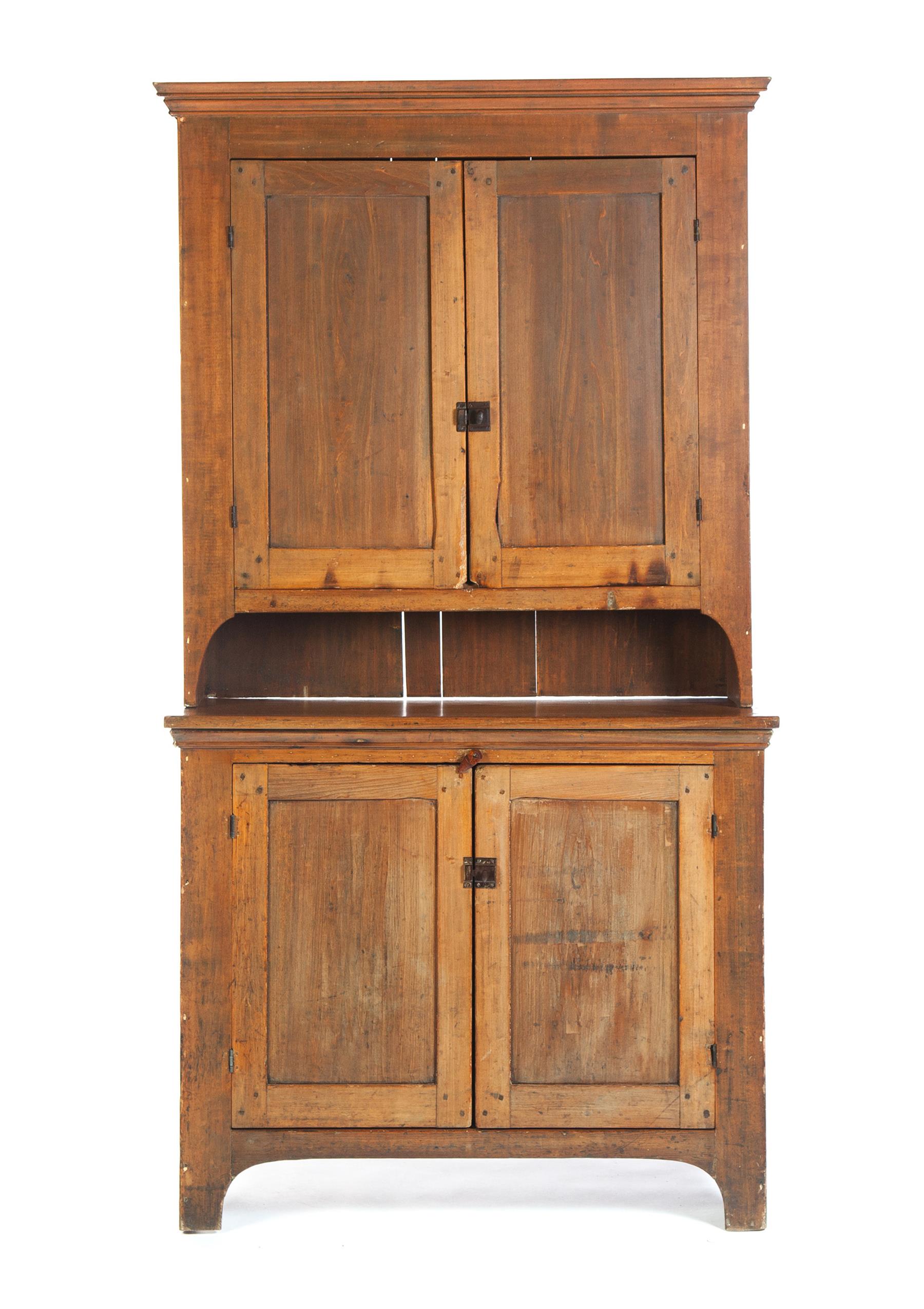 Appraisal: TWO-PIECE STEPBACK WALL CUPBOARD American nd half- th century mixed