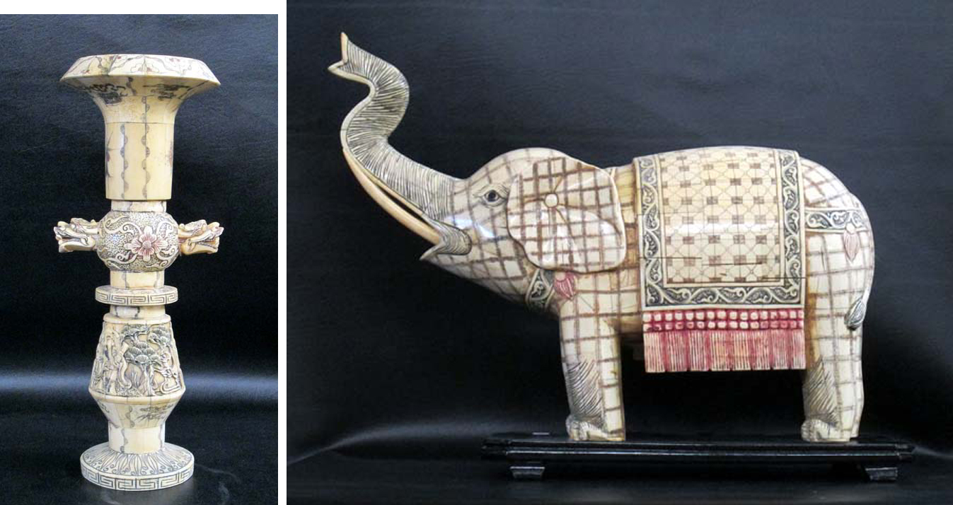 Appraisal: CHINESE BONE ELEPHANT AND A PEDESTAL two pieces bone tiles