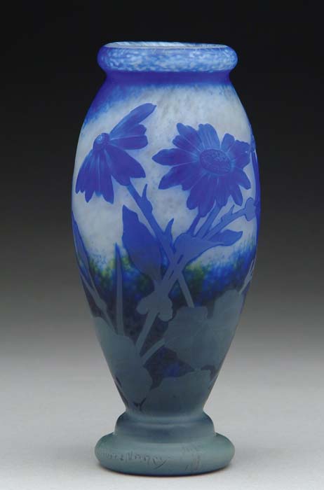 Appraisal: DAUM PADDED VASE Blue cornflower decorated vase begins with a