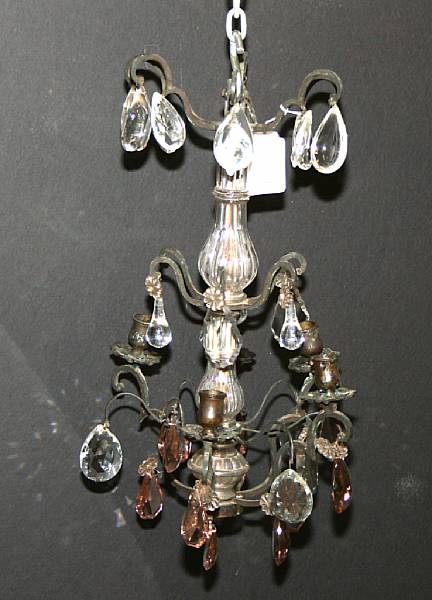 Appraisal: A patinated metal and glass six-light chandelier diameter in