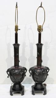 Appraisal: Japanese Pair of Bronze Vases Lamps Meiji Pair of Japanese