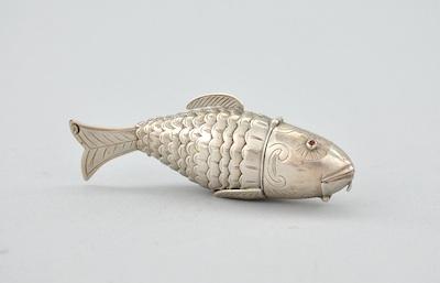 Appraisal: An Articulated Silver Fish Container ca th Century Approx -