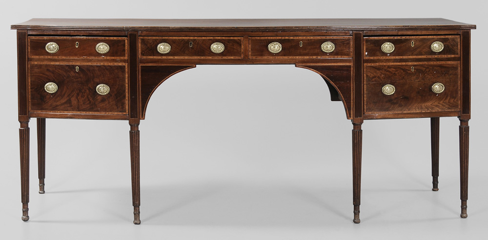 Appraisal: Sheraton Inlaid Mahogany Sideboard British th century highly figured mahogany