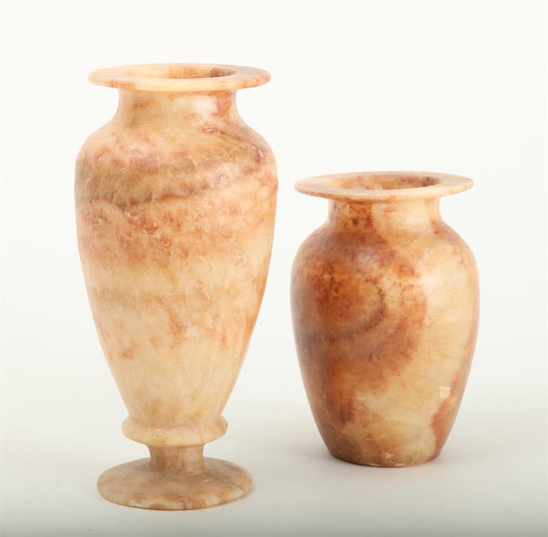 Appraisal: TWO EGYPTIAN STYLE ALABASTER JARS The larger tapered with everted