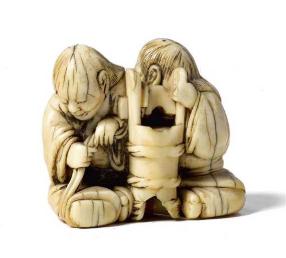 Appraisal: NETSUKE Japan H lfte Jh H cm Elfenbein Zwei eng