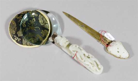 Appraisal: LETTER OPENER AND MAGNIFYING GLASS WITH WHITE AND PALE GREEN