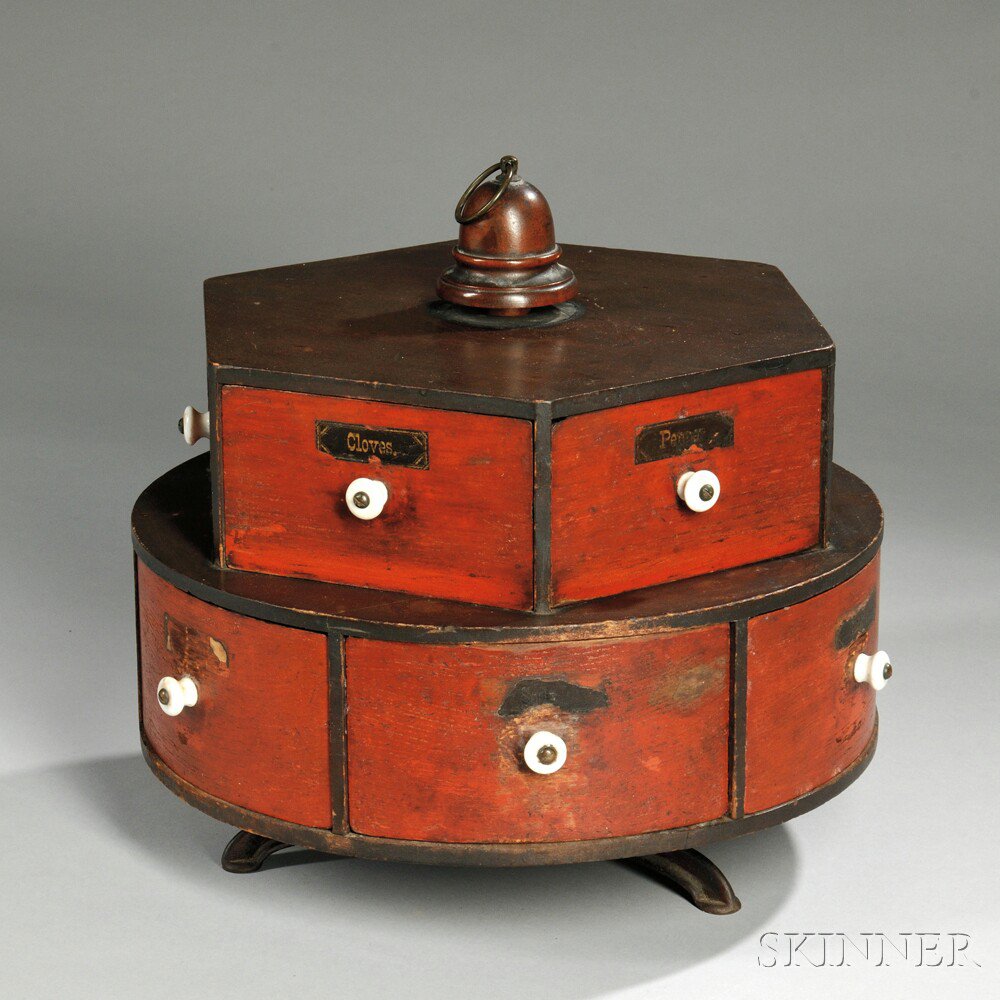 Appraisal: Red-painted Two-tier Rotating Spice Box th century the six-drawer hexagonal