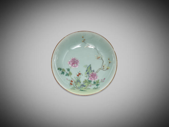 Appraisal: A Chinese celadon-glaze dish with famille-rose 'flower' decoration th century