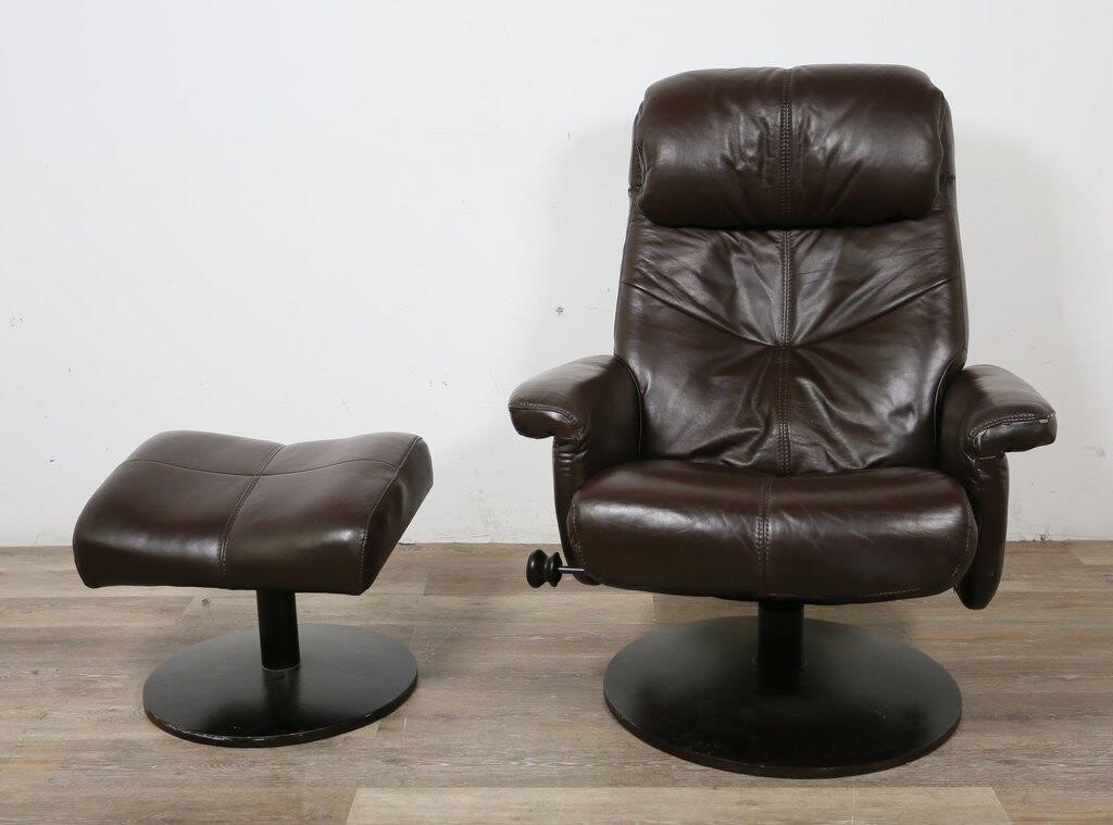 Appraisal: Contemporary Ekornes style brown leather lounge chair and ottoman Mexican